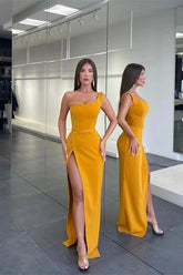 Modern One Shoulder Yellow Evening Dress Mermaid With High Split